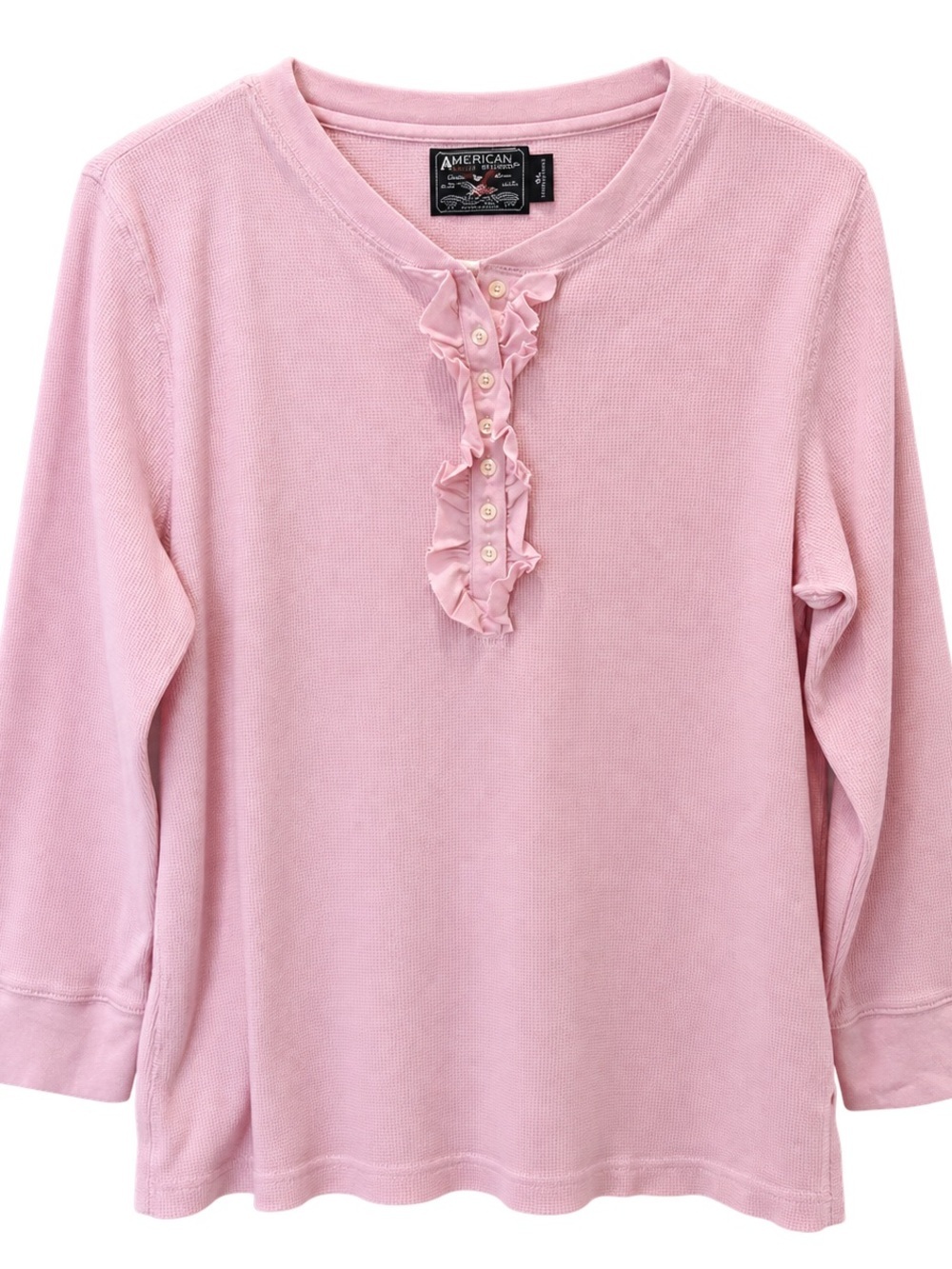 American Living Waffle Knit Ruffle Henley Long Sleeve Feminine Cottagecore